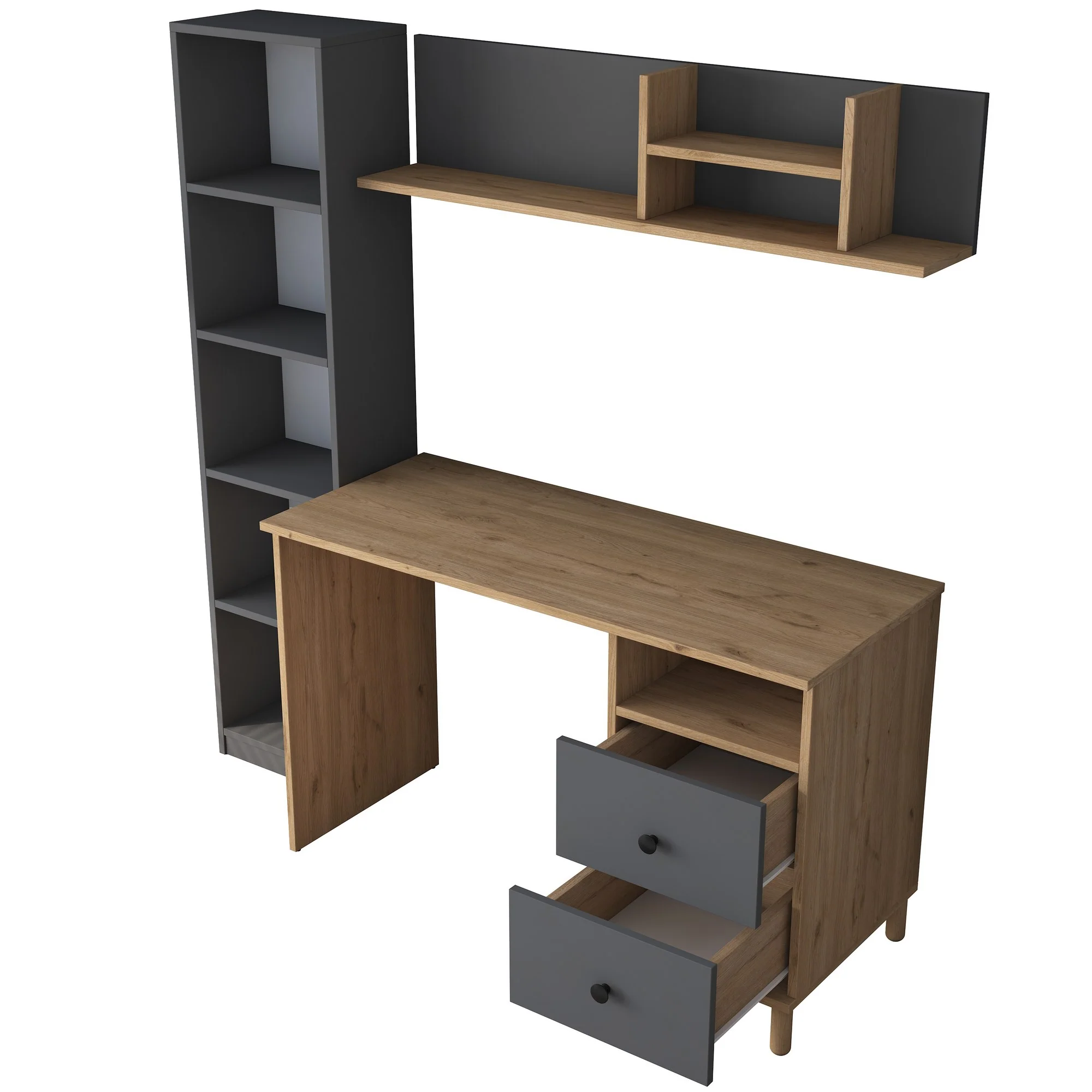 Moderní pracovna s antracitovým a přírodním psacím stolem, knihovnou a policí