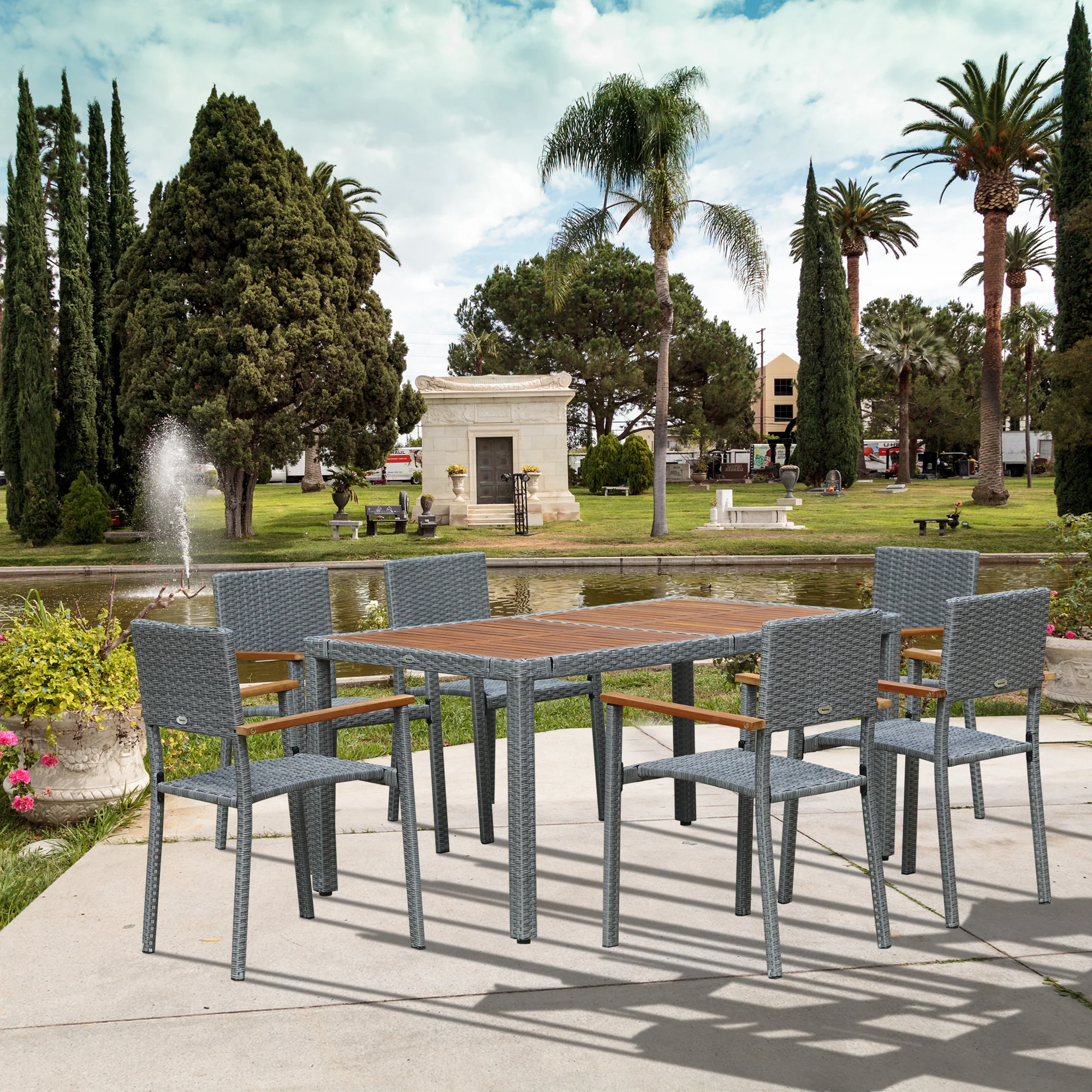 7dílná zahradní sada EasyComfort, ocelový stůl a 6 dřevěných a ratanových židlí s polštáři, šedá