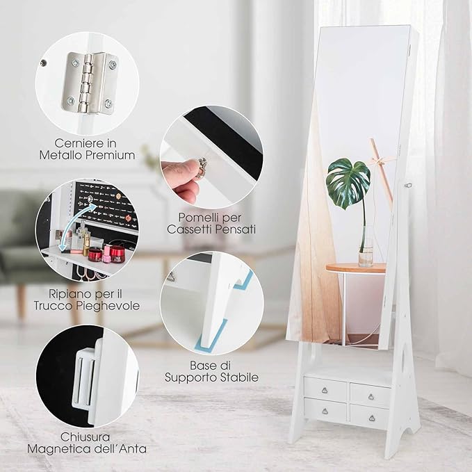 Stojací šperkovnice, bezrámová zrcadlová šperkovnice, 12 LED světel, stojící šperkovnice na líčení se 4 zásuvkami, 41 x 36 x 159 cm (bílá)