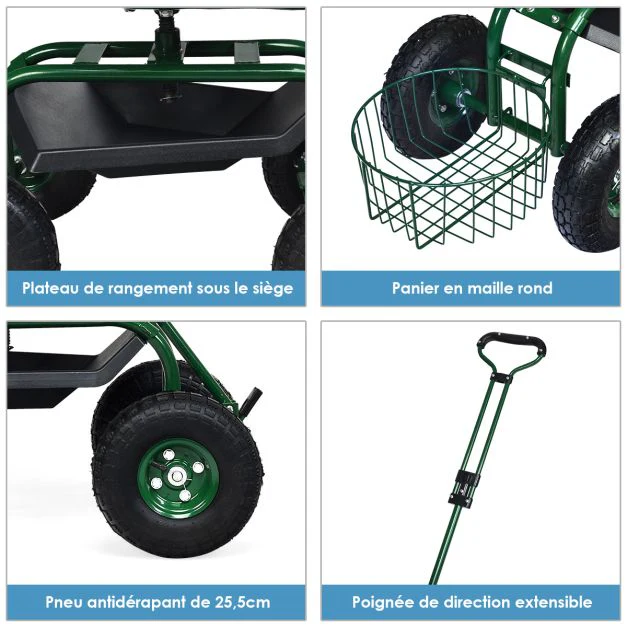 Zahradní vozík s úložným košem s výsuvnou rukojetí a 2 přihrádkami na nářadí, čtyřkolová koloběžka 96,5 x 48,5 x 45,5-54,5 cm, zelená