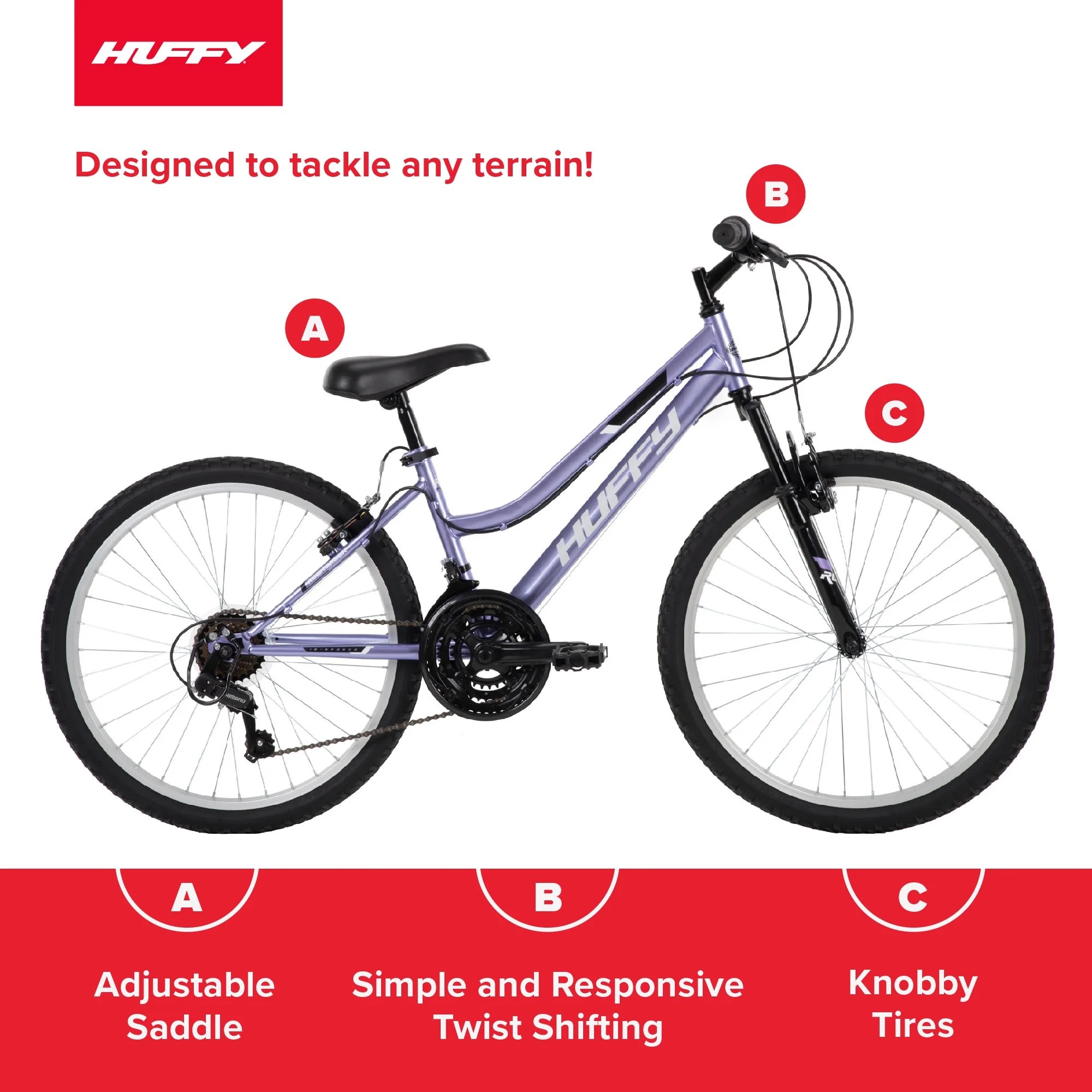 Horské kolo Huffy 24′′ Rock Creek, vhodné pro jezdce o výšce 1,48′′ – 1,78′′, fialové, pro dospělé, dámské