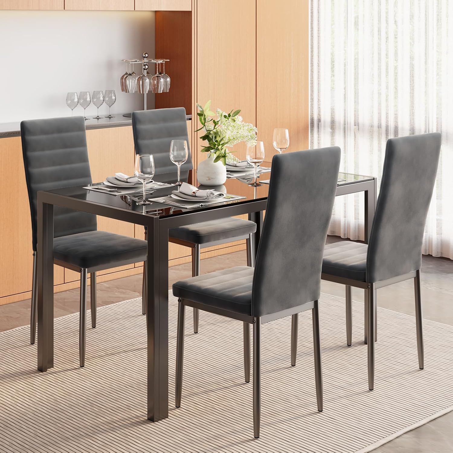 Sada 6 moderních jídelních židlí s vysokým opěradlem a polstrováním do kuchyně a jídelny, tmavě šedý flanel
