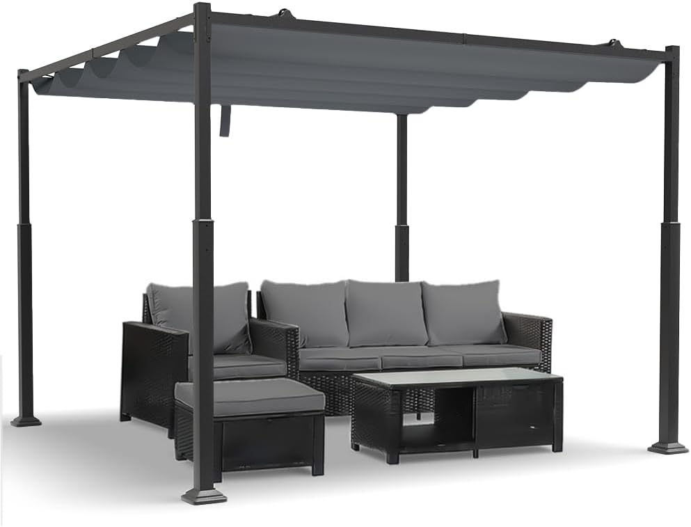 VOUNOT? Zatahovací posuvná pergola 3 x 3 m, zahradní altán s polyesterovou plachtou 180 g/m2, markýza na venkovní terasu, odolný kovový rám, tmavě šedá