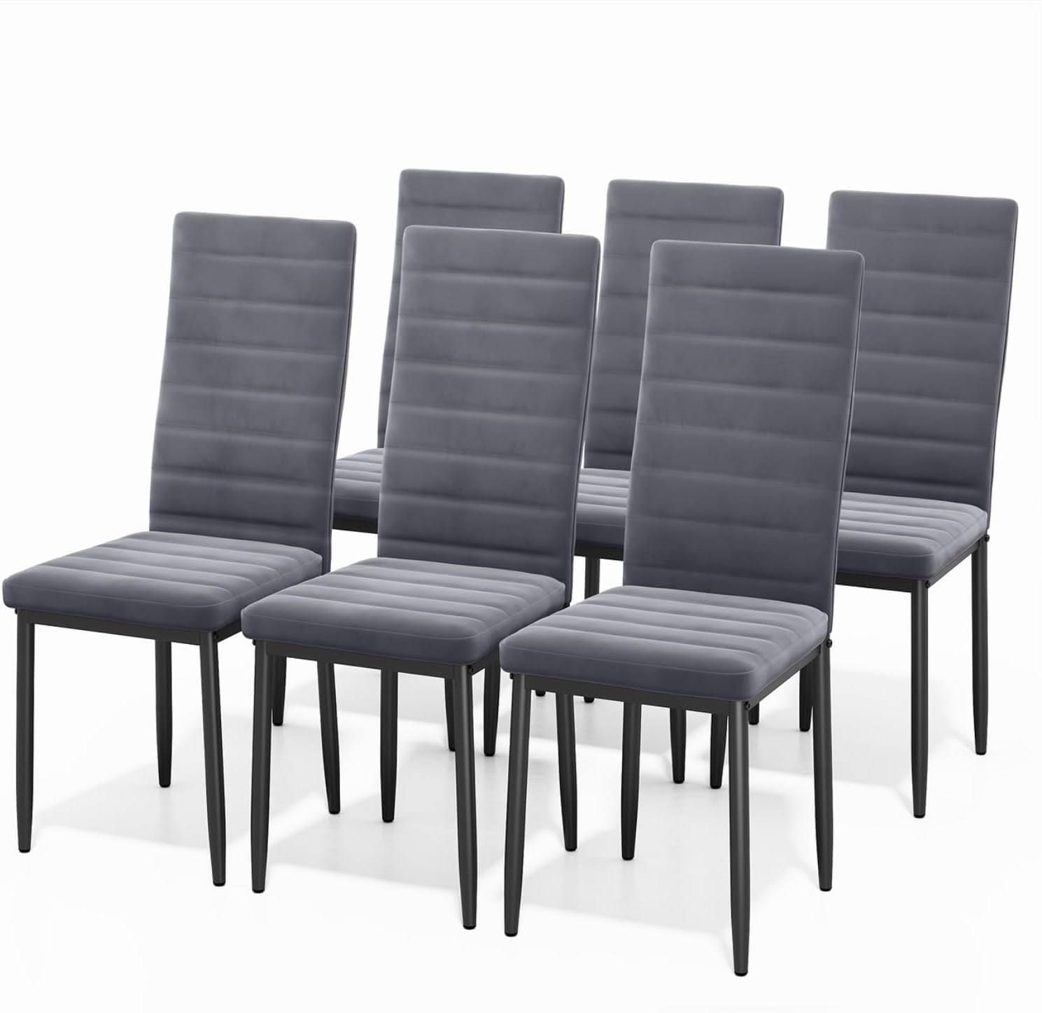 Sada 6 moderních jídelních židlí s vysokým opěradlem a polstrováním do kuchyně a jídelny, tmavě šedý flanel