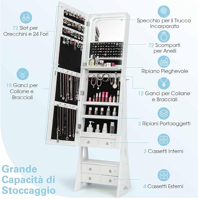 Stojací šperkovnice, bezrámová zrcadlová šperkovnice, 12 LED světel, stojící šperkovnice na líčení se 4 zásuvkami, 41 x 36 x 159 cm (bílá)