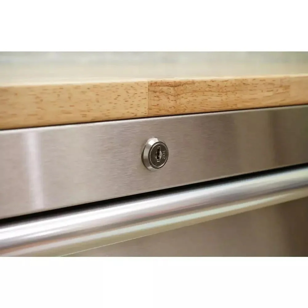 Mobilní pracovní stůl 72 palců s 18 zásuvkami, 24 palců v rozměru D, s masivní dřevěnou deskou, nerezová ocel