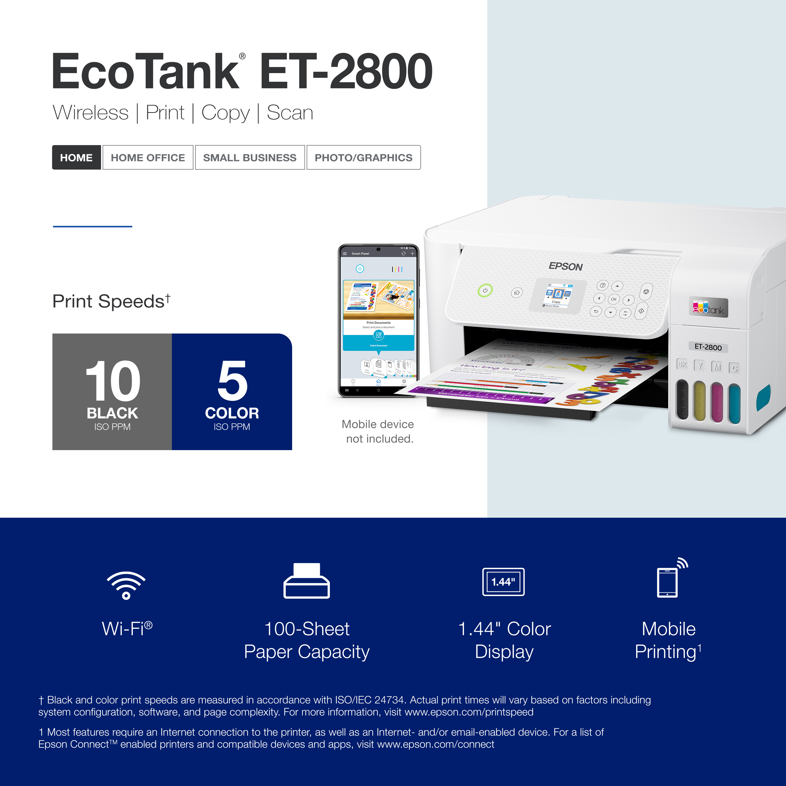 Bezdrátová multifunkční inkoustová tiskárna Epson EcoTank ET-2800 z roku 2025 s technologií Supertank – bílá