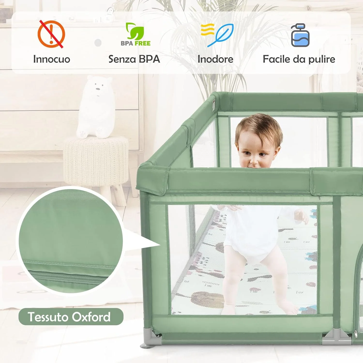 Dětská ohrádka s matrací, Dětská ohrádka s podložkou, prodyšná síťovina a zapínání na zip, Ohrádka s taškou, 4 rukojeti a 50 míčky, pro děti 0-3 roky (zelená)