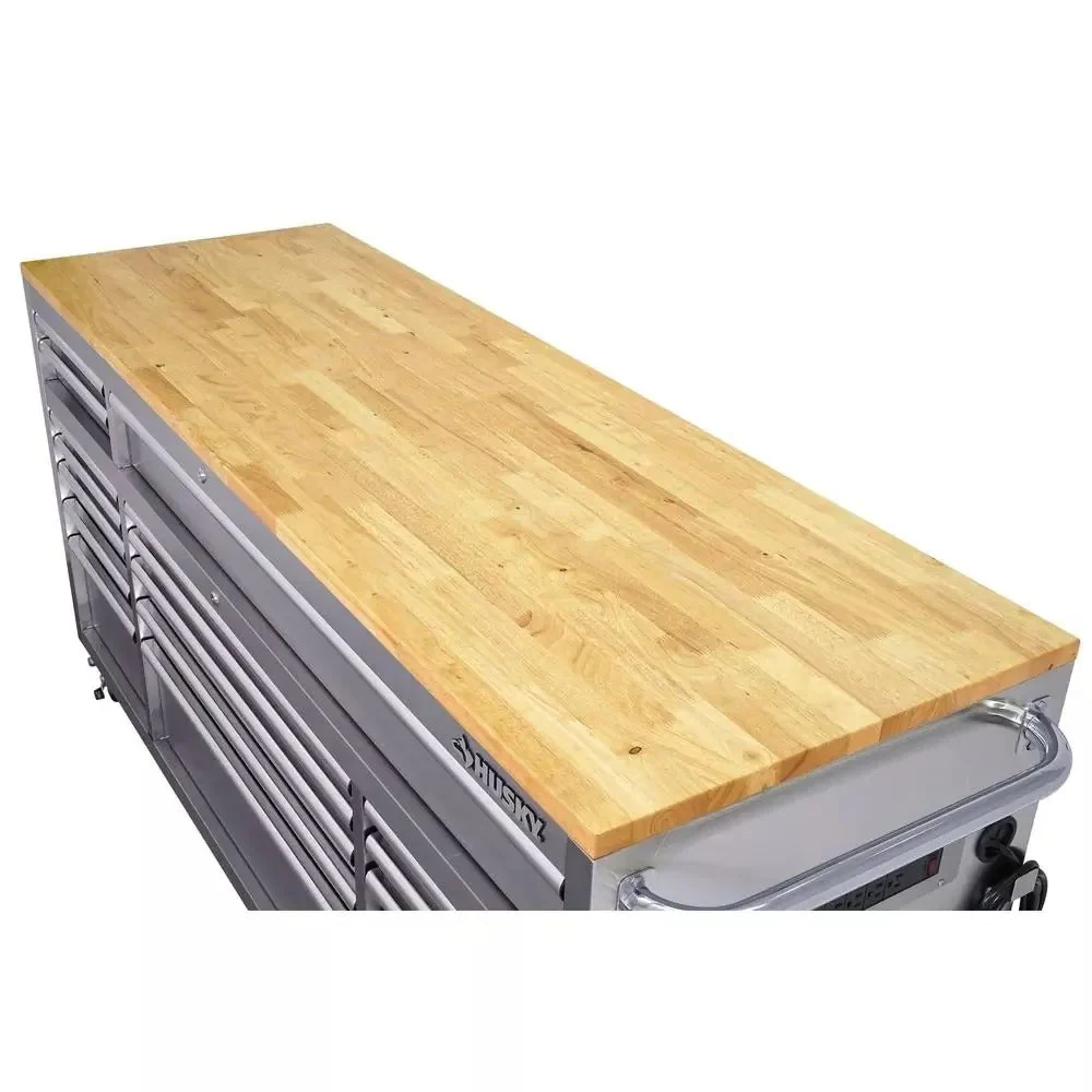 Mobilní pracovní stůl 72 palců s 18 zásuvkami, 24 palců v rozměru D, s masivní dřevěnou deskou, nerezová ocel