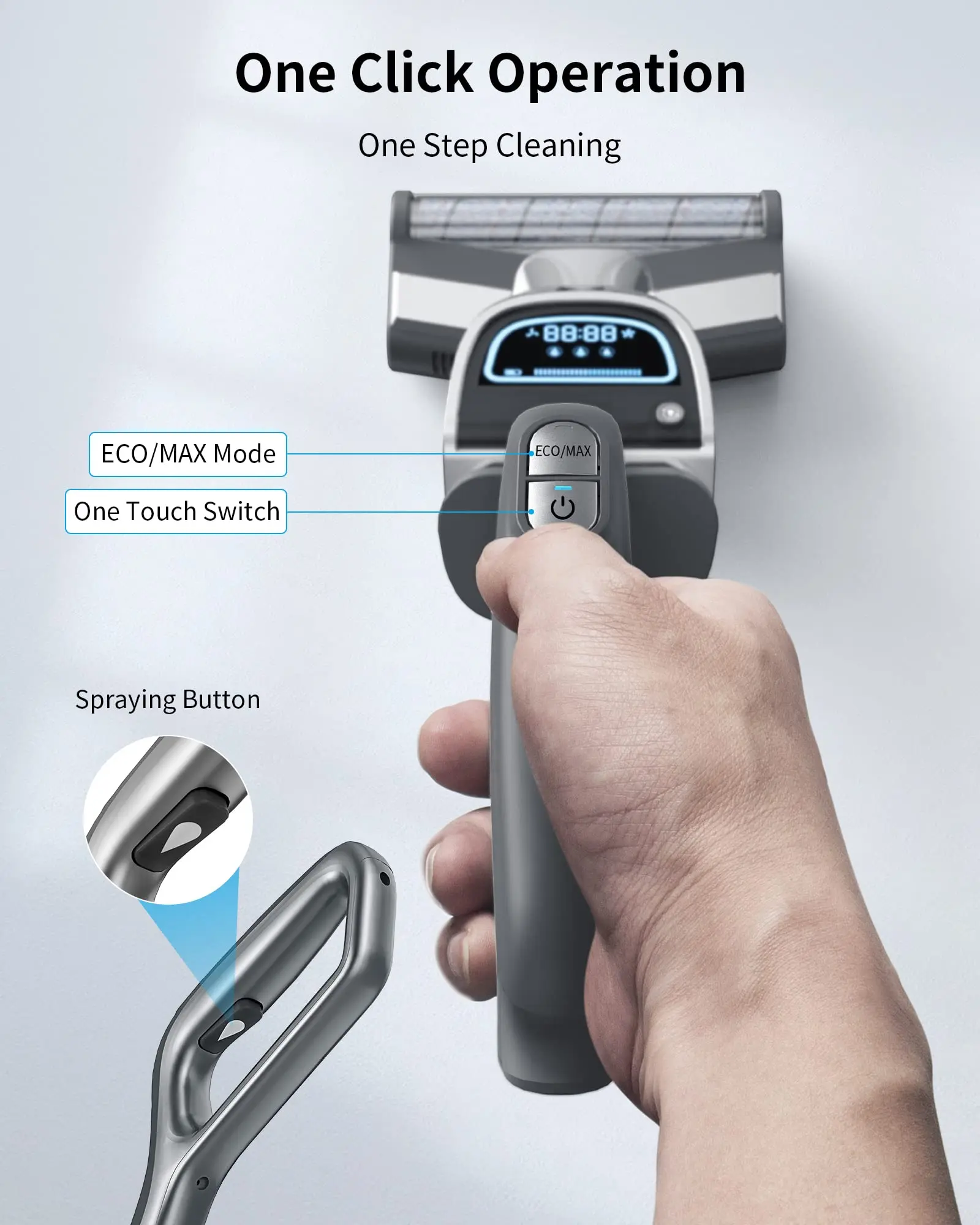 Stealth ECVP01 Bezdrátový mokro-suchý vysavač a mop, chytrý čistič dřevěných podlah se samočištěním, vysáváním a mopem a mytím 3 v 1, lehký mopový vysavač na koberce, šedý