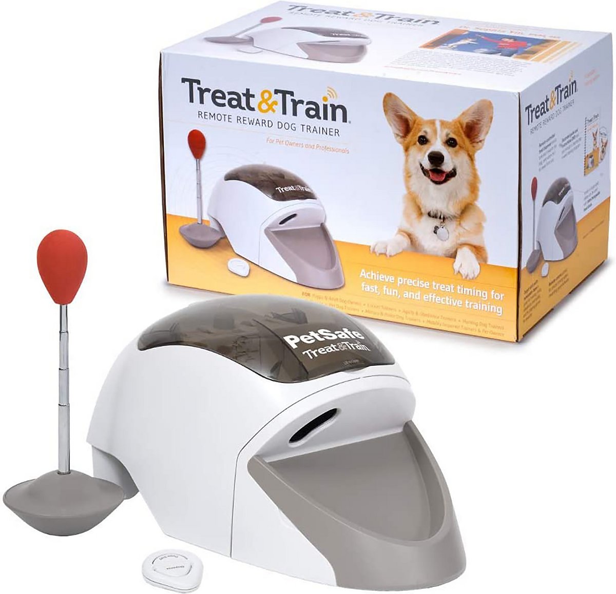 PetSafe Treat and Train - systém pro dálkový výcvik psů s odměnou, pozitivním posilováním, uklidňujícím chováním, vyhýbáním se rozptylování, obsahuje výcvikové DVD, ukazovací hůlku a dálkové ovládání, pro psy od 6 let