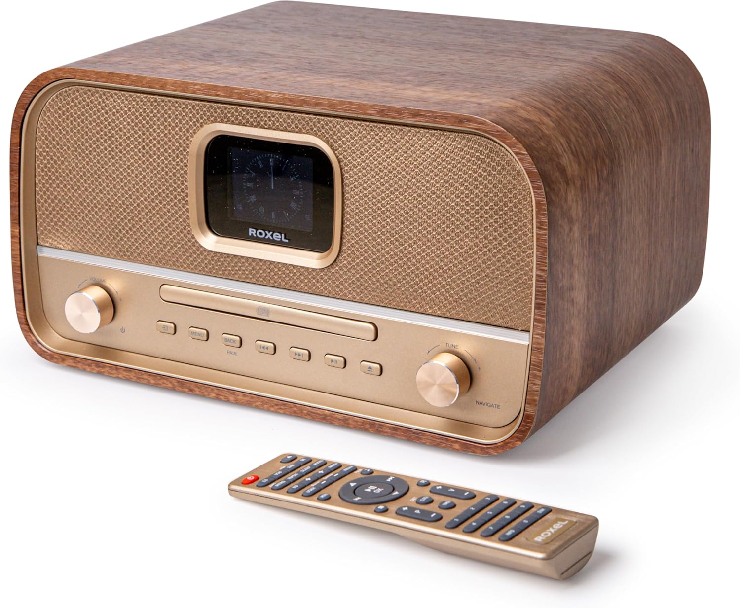 Roxel Amber All-in-One - Kompaktní retro Hi-Fi systém s CD přehrávačem, DAB/DAB+, BT Audio streaming, 40W RMS, přehrávání a nabíjení přes USB, FM rádio s RDS, barevný displej, hodiny a budík