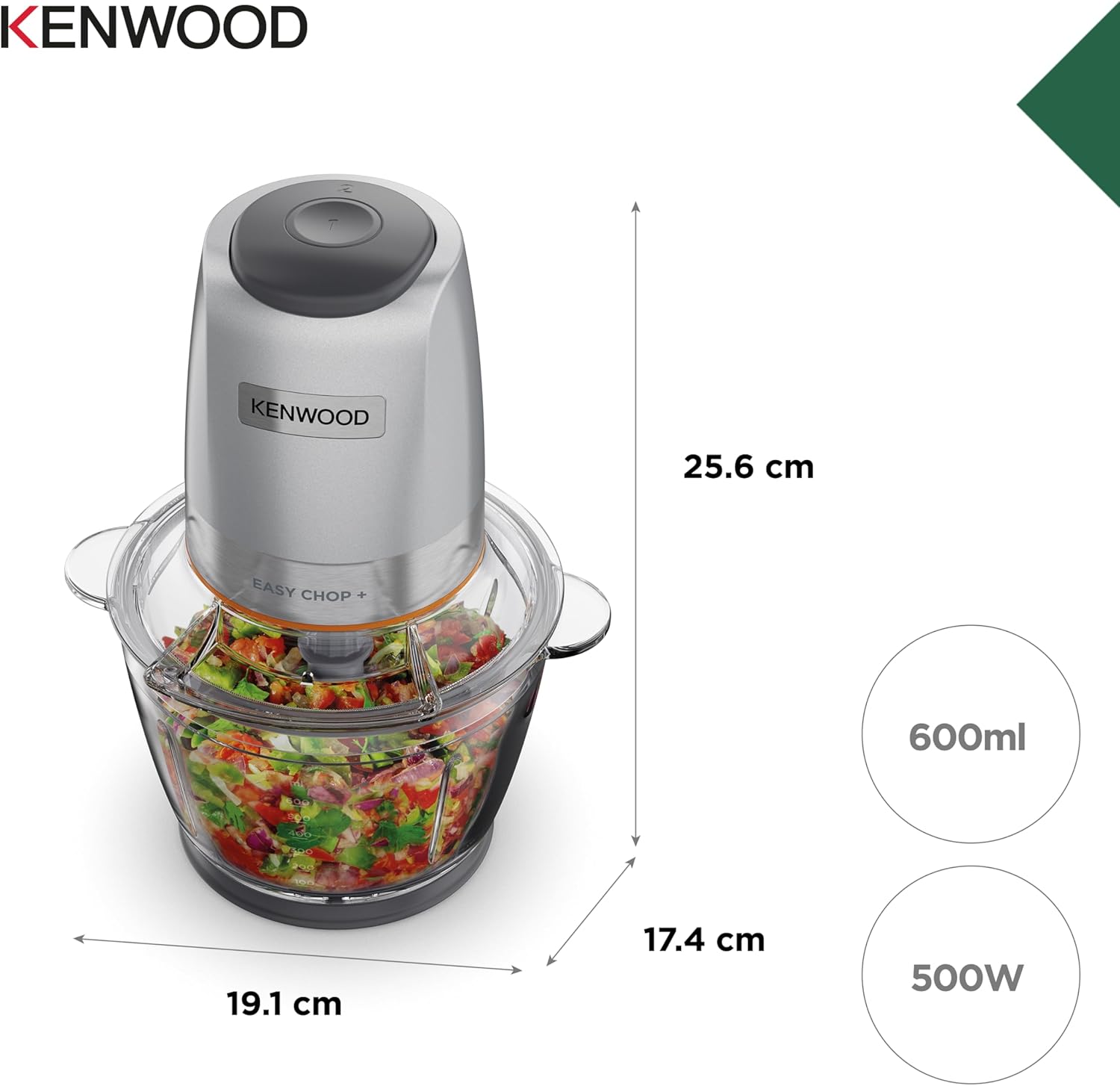 Sekáček Kenwood CHP61.100WH, výkon 500 W, mísa o objemu 0,5 l, 2 rychlosti, systém se čtyřmi noži, protiskluzový kroužek pro stabilitu sekáčku, vhodný do myčky nádobí, bílá/stříbrná