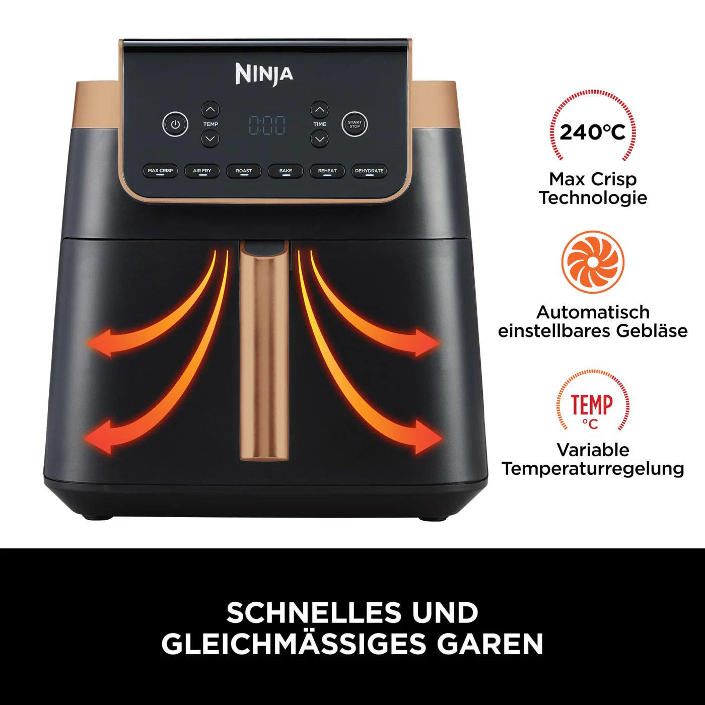 Horkovzdušná fritéza Ninja MAX PRO 2025, 6,2 l, černá/měděná, AF180EUCP + držák nožů Ninja StaySharp bílý, K62006EUWH + pánev Ninja Foodi ZEROSTICK 28 cm, šedá, C30028EU