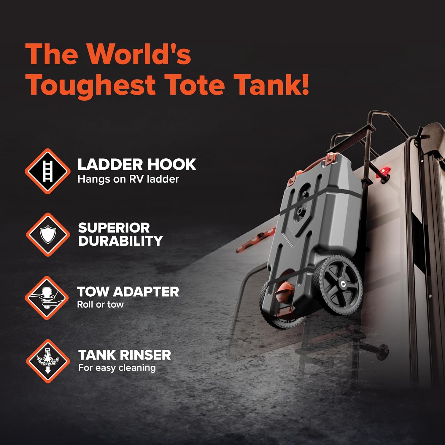 Přenosná nádrž pro obytné vozy/karavany o objemu 36 galonů – s velkými odolnými koly proti defektu a vestavěným šoupátkem – odnímatelným ocelovým tažným adaptérem, 90 cm dlouhou kanalizační hadicí pro karavany a dalším příslušenstvím pro karavany (39