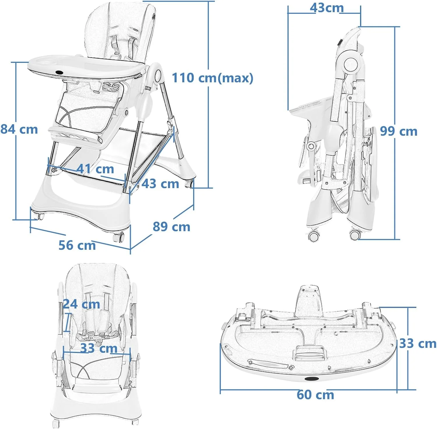 Přenosná dětská jídelní židlička 4 v 1, jídelní židlička s opěradlem, se 7 nastavitelnými výškami sedáku, kolečka, skládací