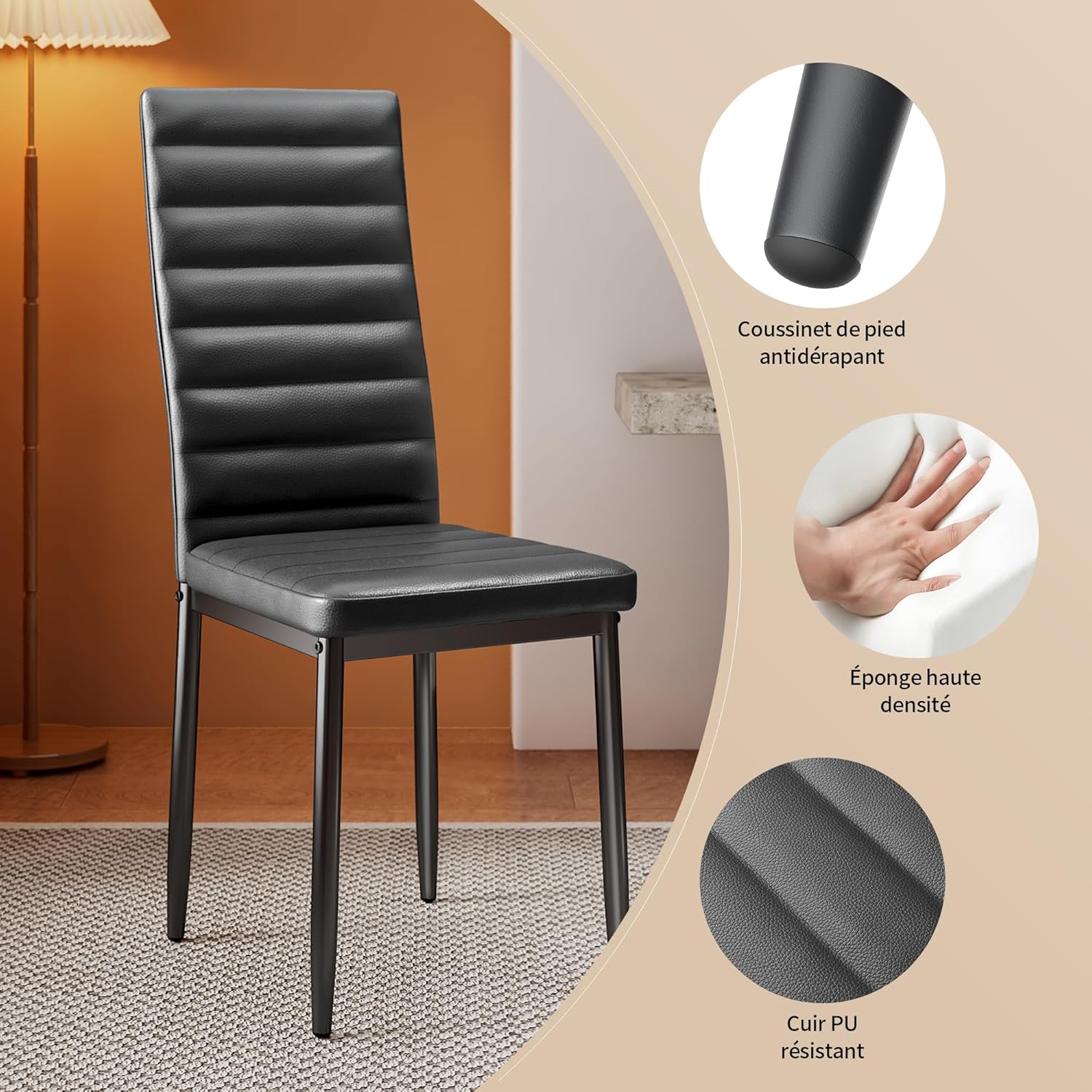 Sada 6 moderních jídelních židlí s vysokým opěradlem a polstrováním do kuchyně a jídelny, tmavě šedý flanel