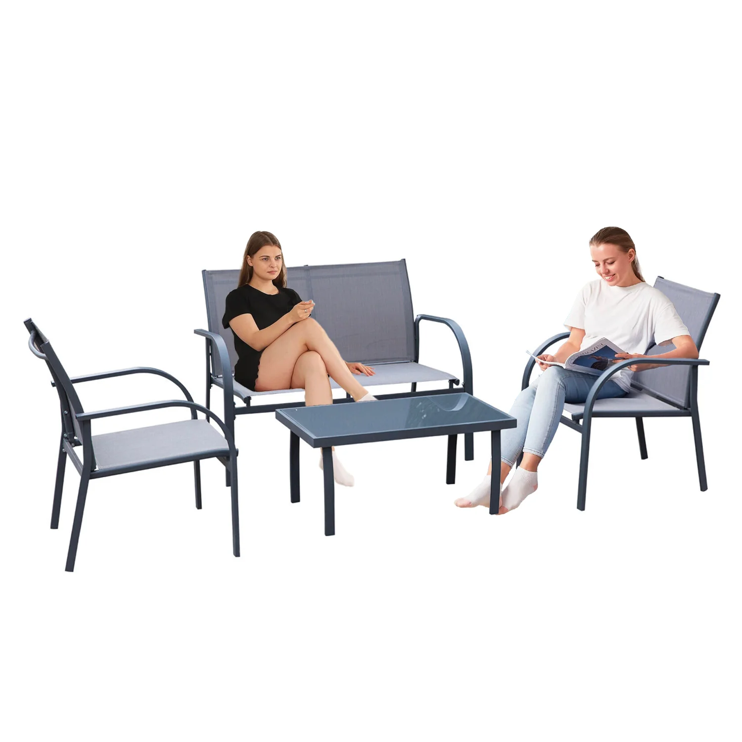 Zahradní sedací souprava 2 křesla 1 pohovka 1 stůl černošedá