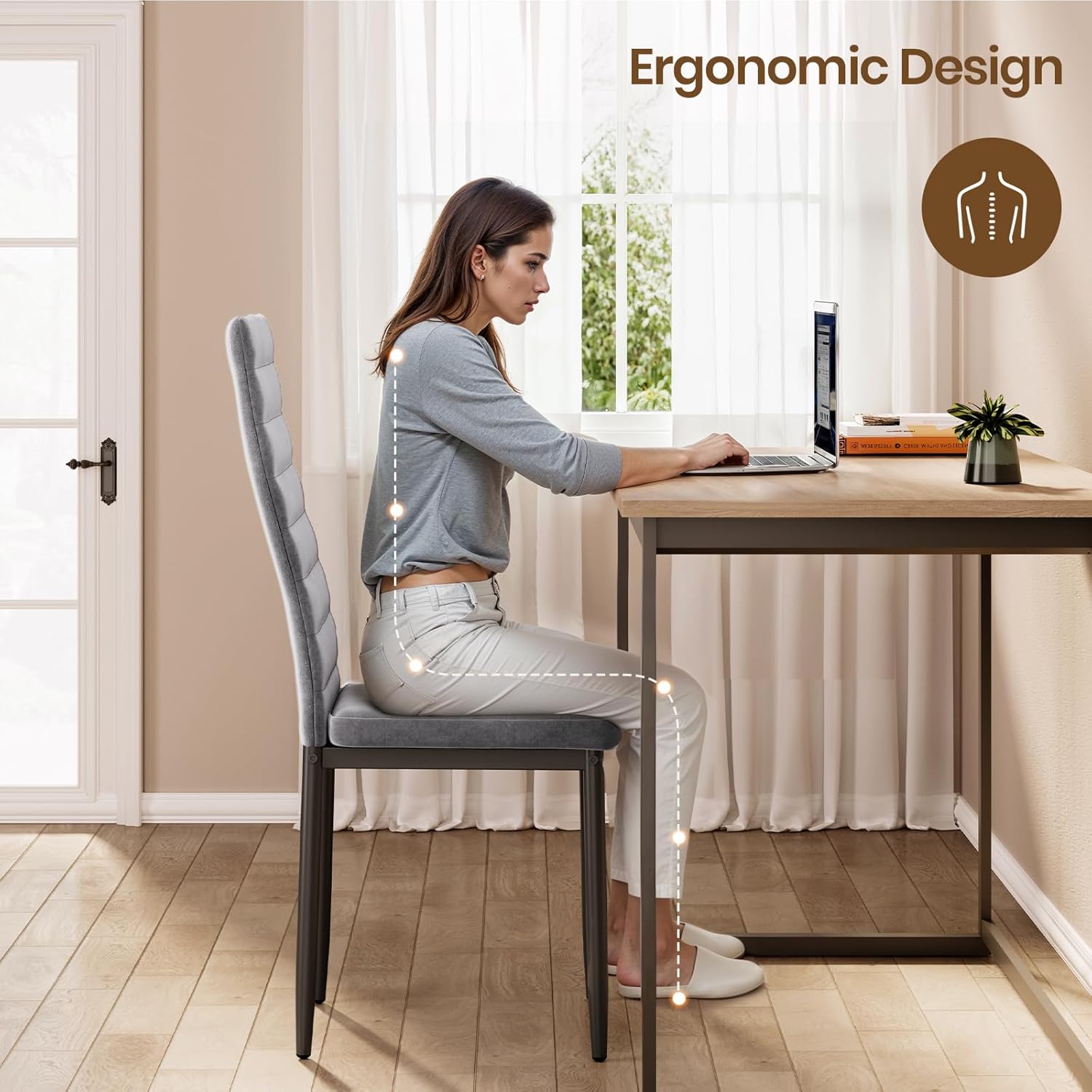 Sada 6 moderních jídelních židlí s vysokým opěradlem a polstrováním do kuchyně a jídelny, tmavě šedý flanel