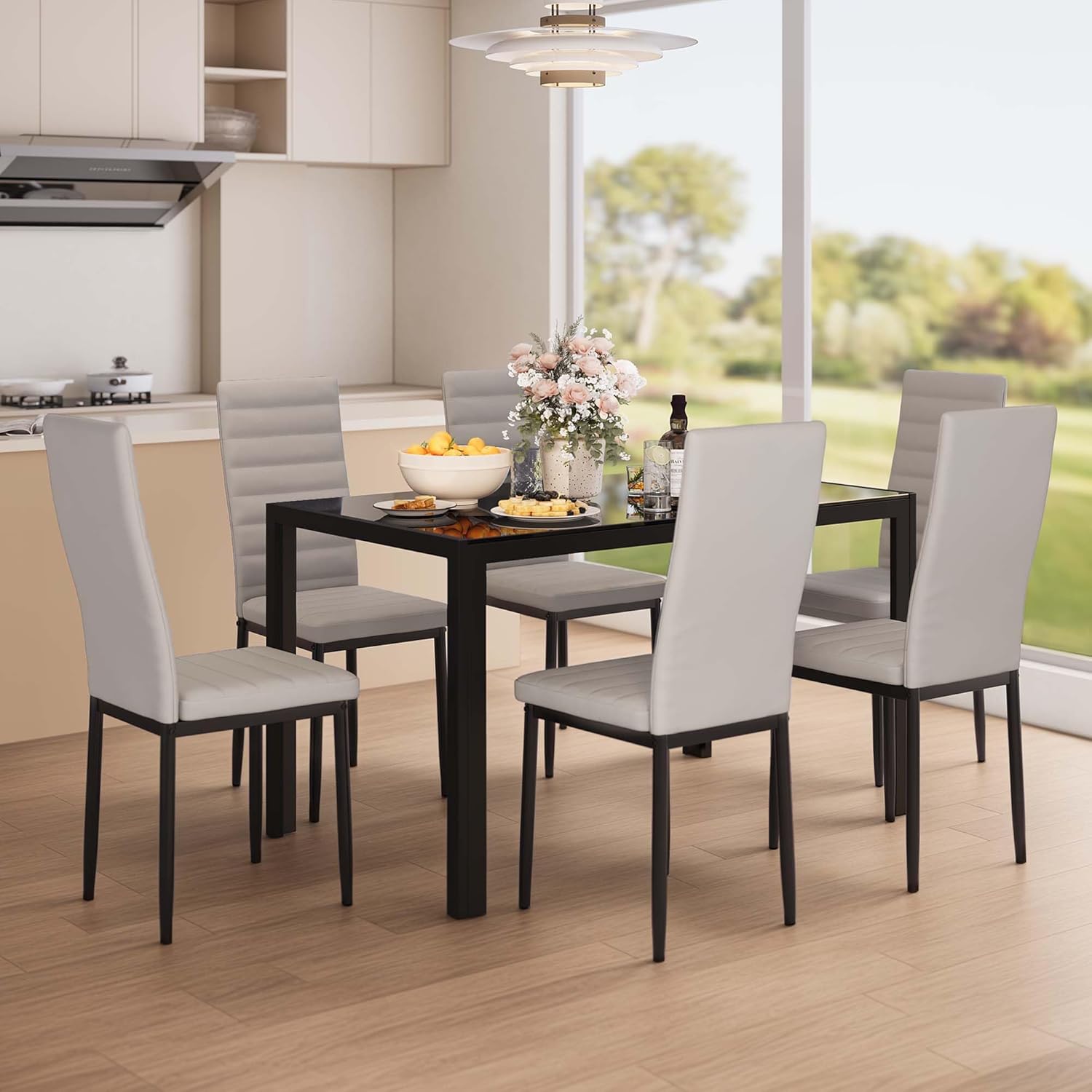 Sada 6 moderních jídelních židlí s vysokým opěradlem a polstrováním do kuchyně a jídelny, tmavě šedý flanel