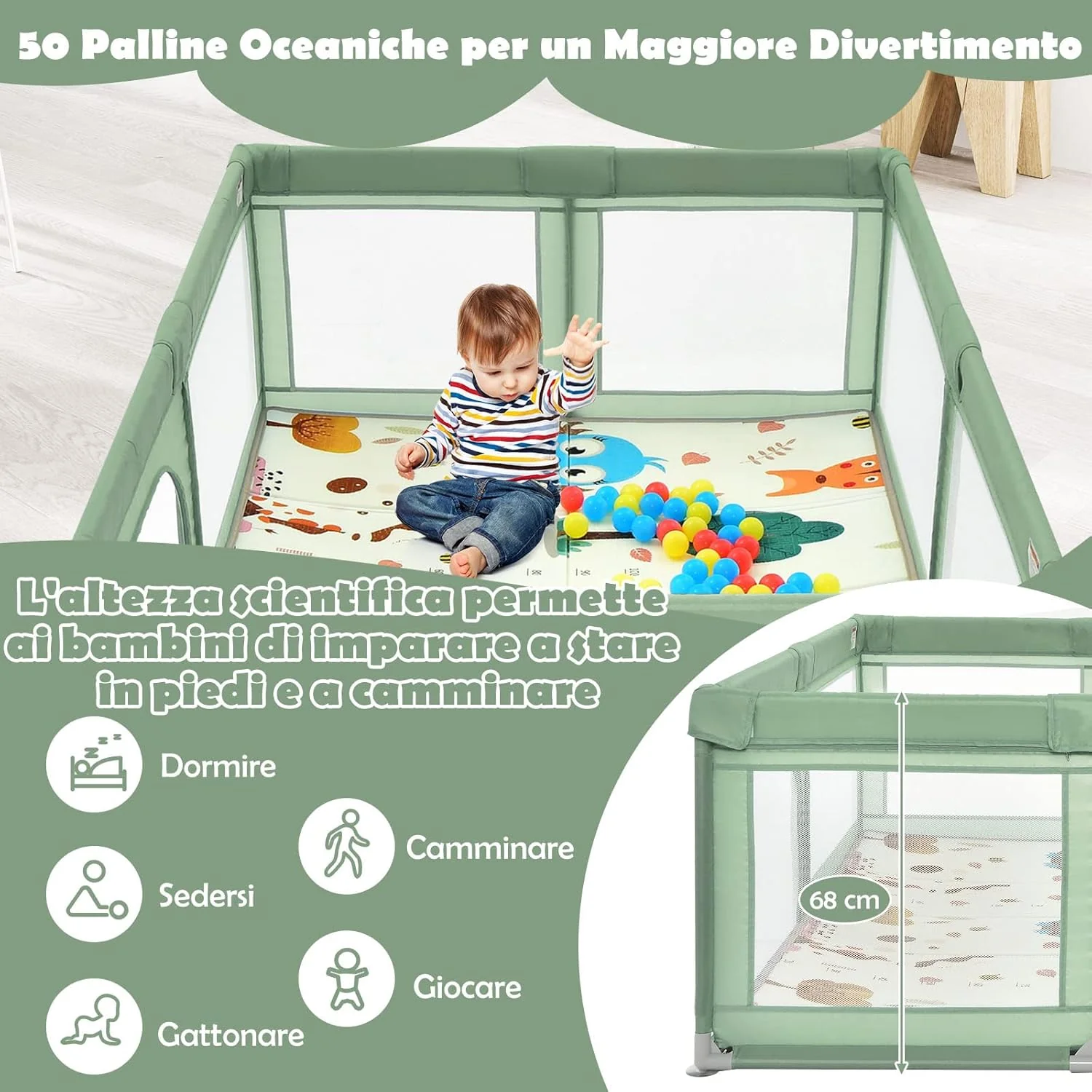 Dětská ohrádka s matrací, Dětská ohrádka s podložkou, prodyšná síťovina a zapínání na zip, Ohrádka s taškou, 4 rukojeti a 50 míčky, pro děti 0-3 roky (zelená)