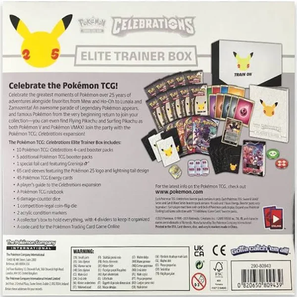 Pokémon Celebrations Elite Trainer Box s 10 booster balíčky, fóliovou kartou Greninja, 65 obaly a energetickými kartami