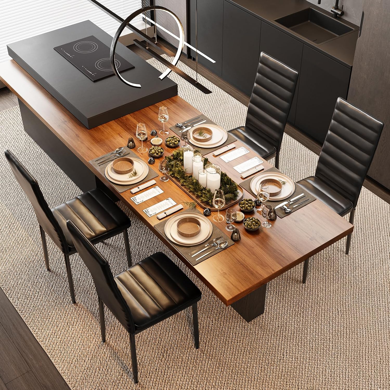 Sada 6 moderních jídelních židlí s vysokým opěradlem a polstrováním do kuchyně a jídelny, tmavě šedý flanel