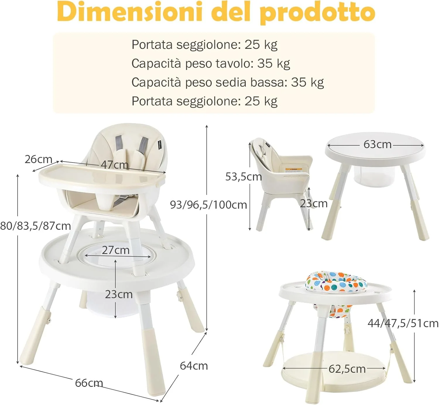 Dětská jídelní židlička 6 v 1, výškově nastavitelná jídelní židlička s 2patrovým podnosem a košíkem, dětské centrum aktivit, sada stolku a židliček pro batolata (béžová)