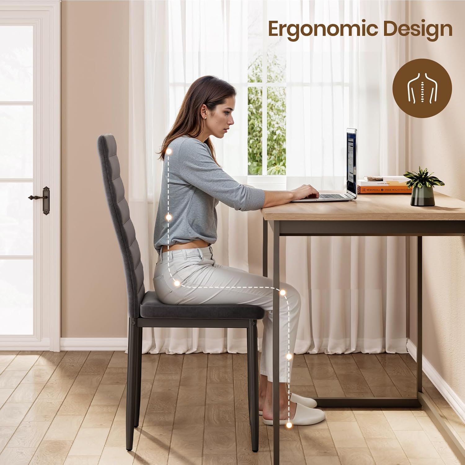 Sada 6 moderních jídelních židlí s vysokým opěradlem a polstrováním do kuchyně a jídelny, tmavě šedý flanel