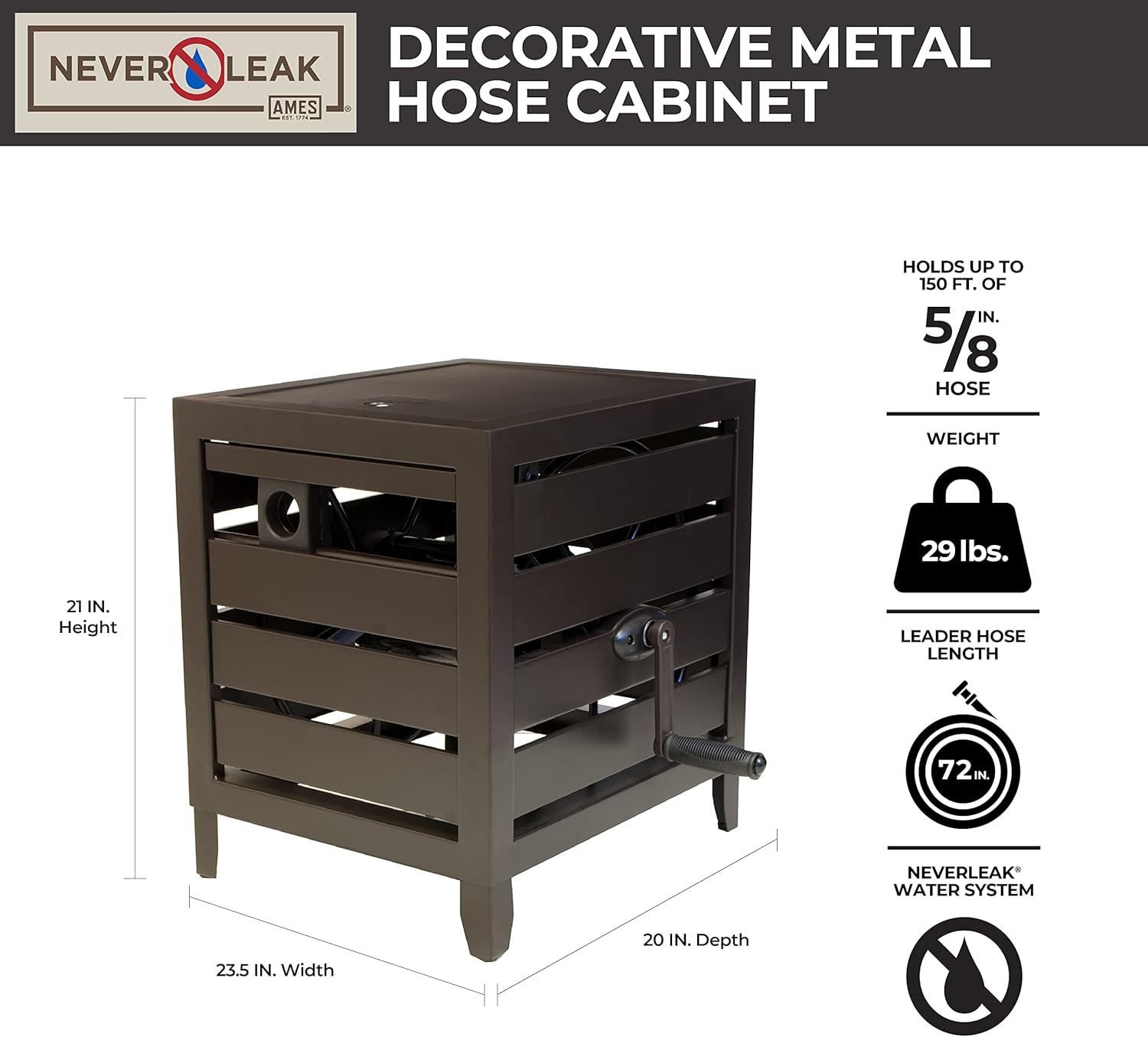 Kovová hadicová skříň AMES NeverLeak, objem 45 metrů, odolná vůči chladnému počasí, černá