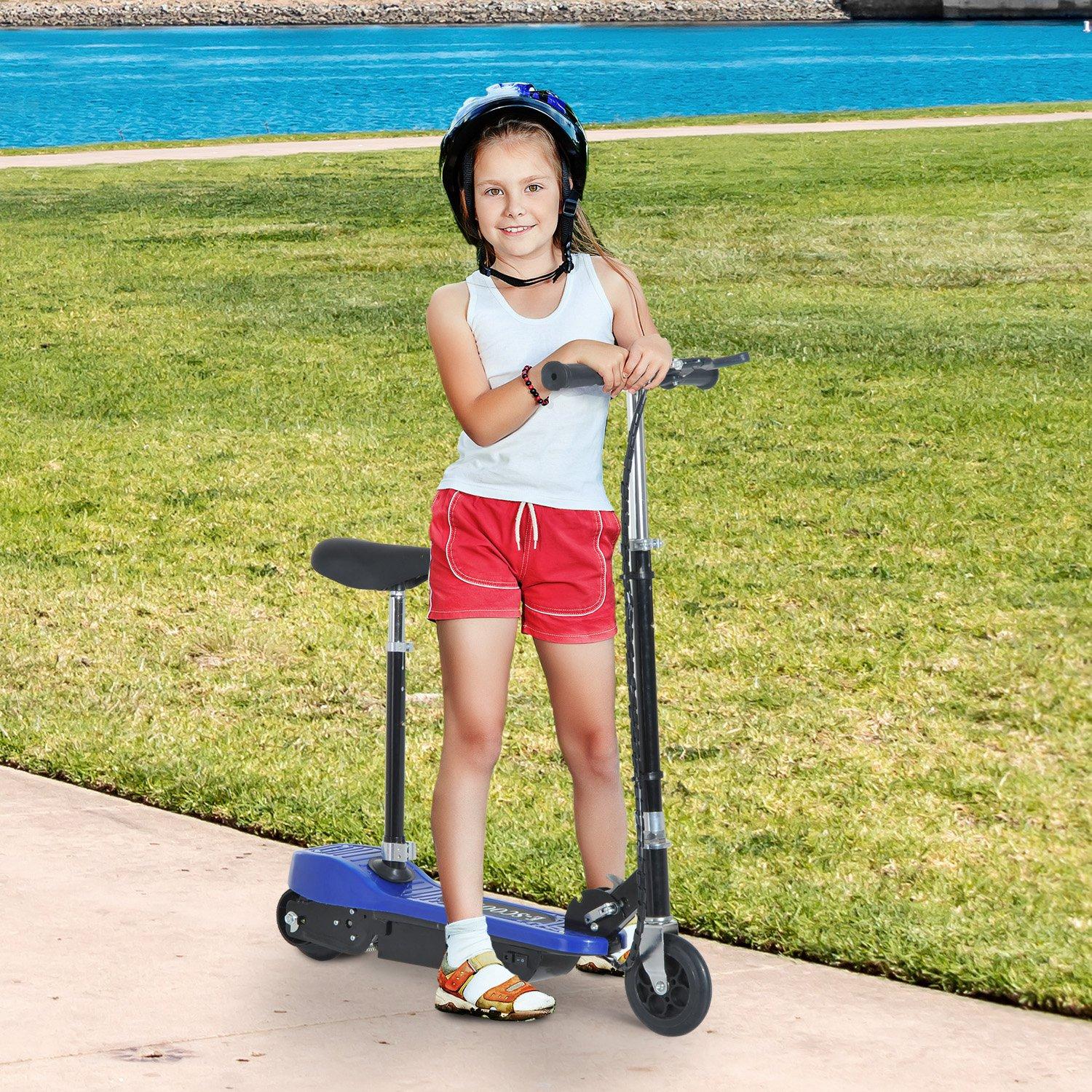 Skládací elektrická koloběžka 120 W pro děti s modrým sedlem