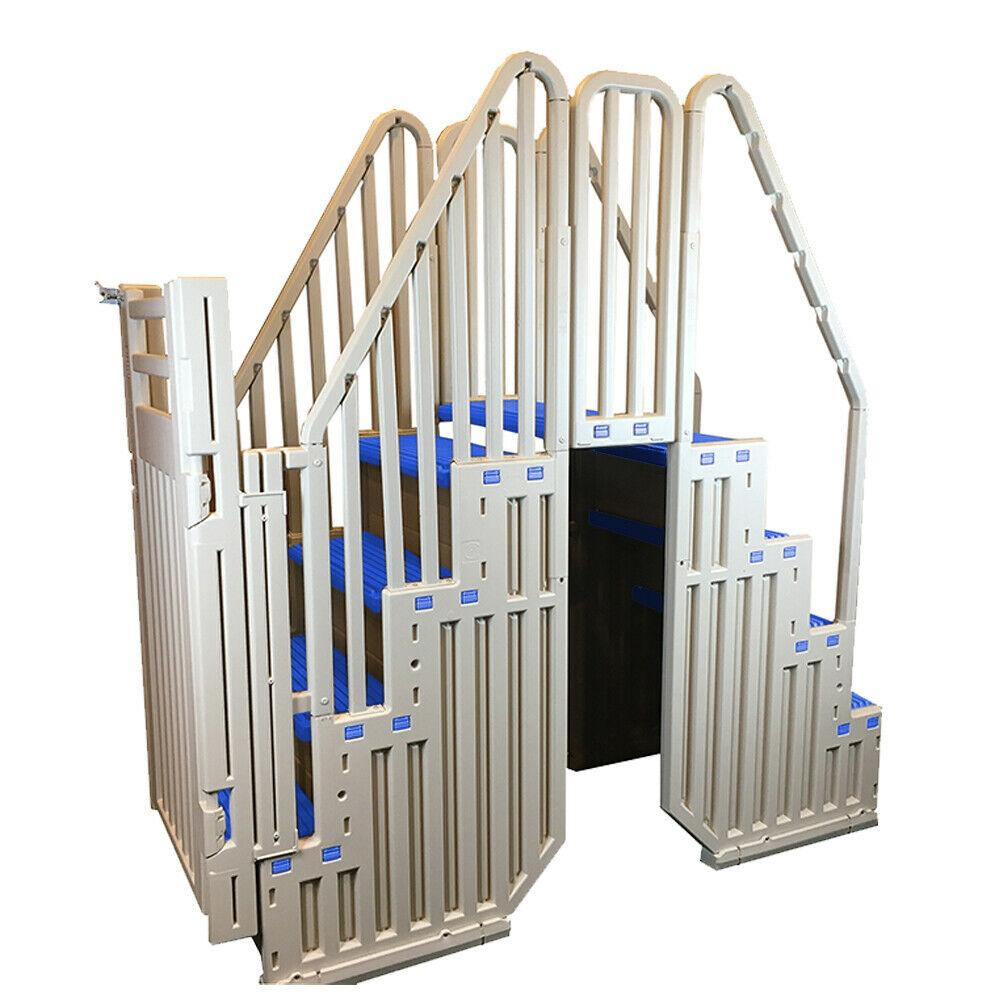 Nadzemní bazén Confer v teplé šedomodré barvě se schůdky a modrým zastřešením