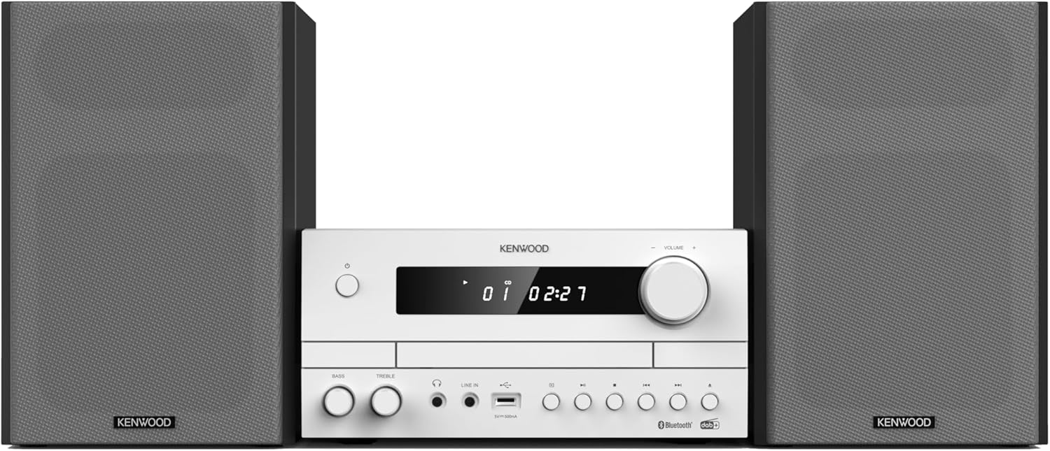 Stereofonní HiFi systém KENWOOD M-822DAB s DAB+ rádiovým přijímačem, FM, CD přehrávačem a USB zásuvkou, 2x stereo zesilovač 50 W, 2pásmový bassreflexový reproduktor, bílá
