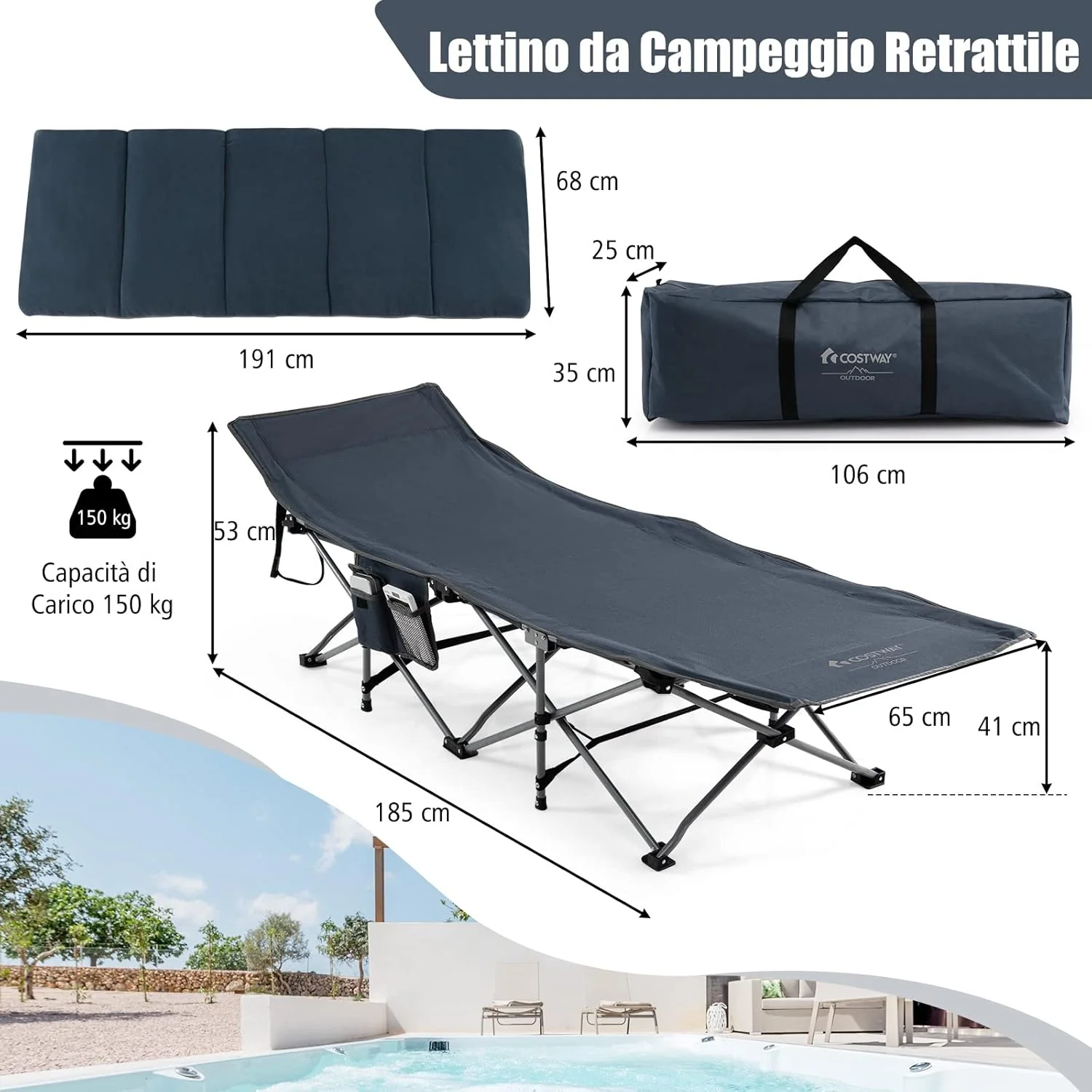 Skládací kempingová postel s odnímatelnou matrací a polštářem, přepravní taška, odolný kovový rám, pro domácnost, kancelář, kempování, nosnost do 150 kg