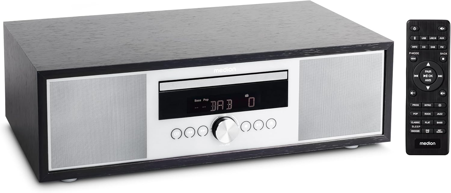 MEDION P64145 stereo systém vše v jednom (DAB+, CD, MP3, PLL FM rádio, USB, kompaktní systém, elegantní design, funkce budíku, noční vypnutí) antracit