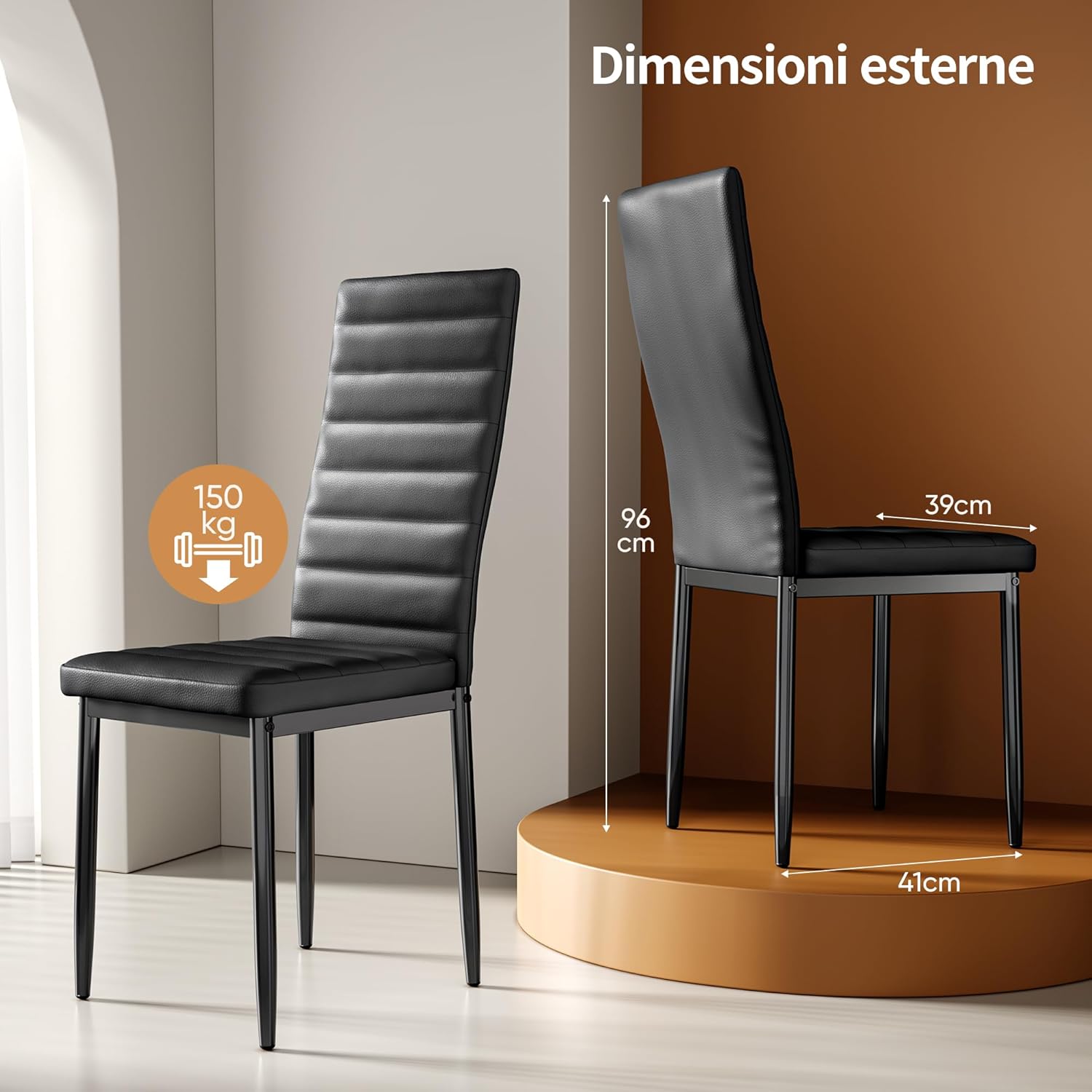 Sada 6 moderních jídelních židlí s vysokým opěradlem a polstrováním do kuchyně a jídelny, tmavě šedý flanel