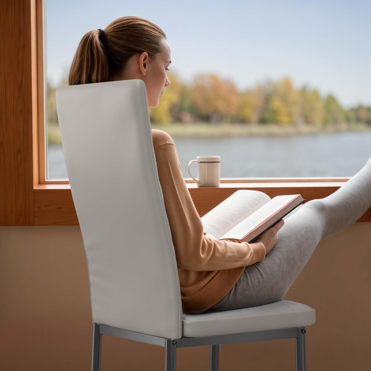 Sada 6 moderních jídelních židlí s vysokým opěradlem a polstrováním do kuchyně a jídelny, tmavě šedý flanel