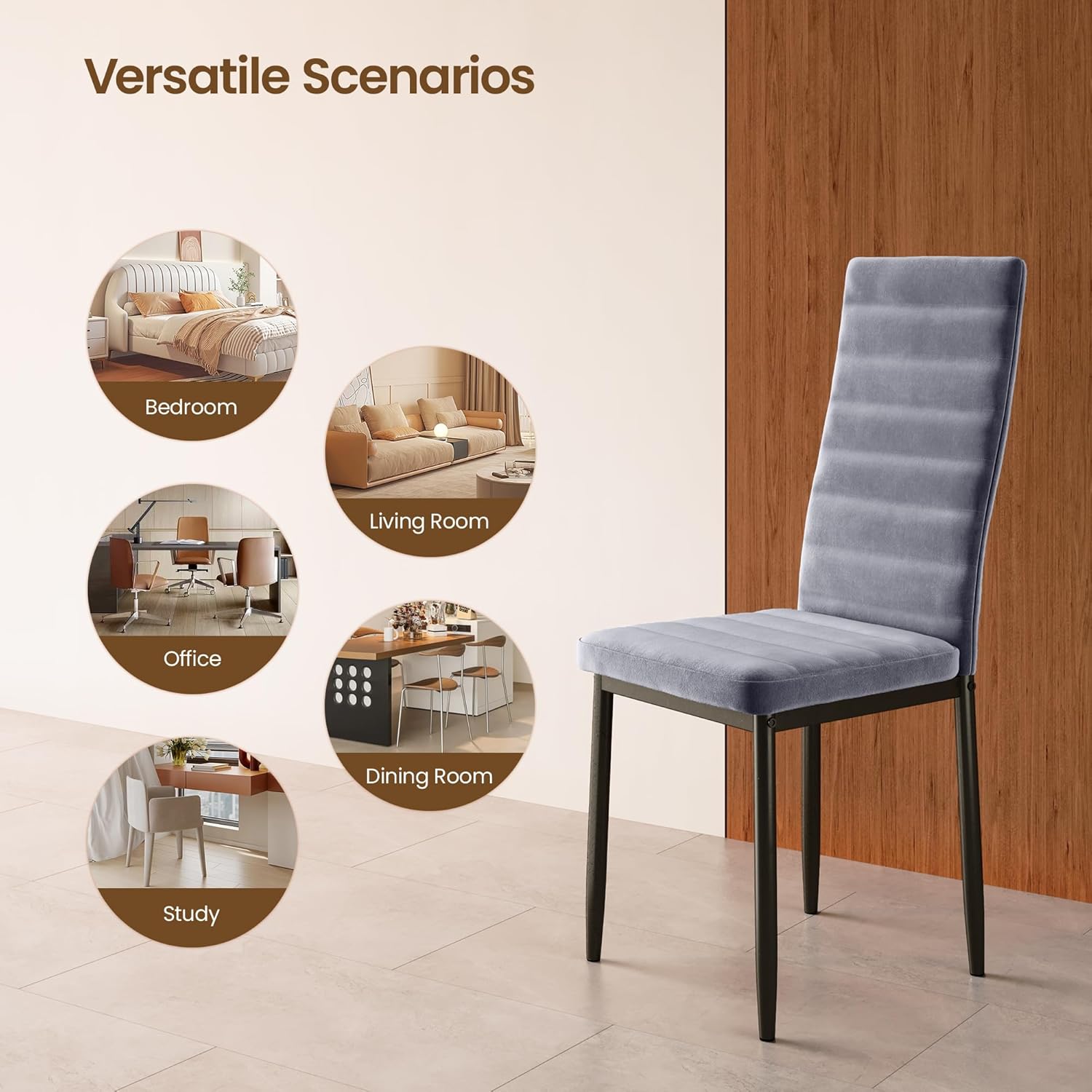 Sada 6 moderních jídelních židlí s vysokým opěradlem a polstrováním do kuchyně a jídelny, tmavě šedý flanel