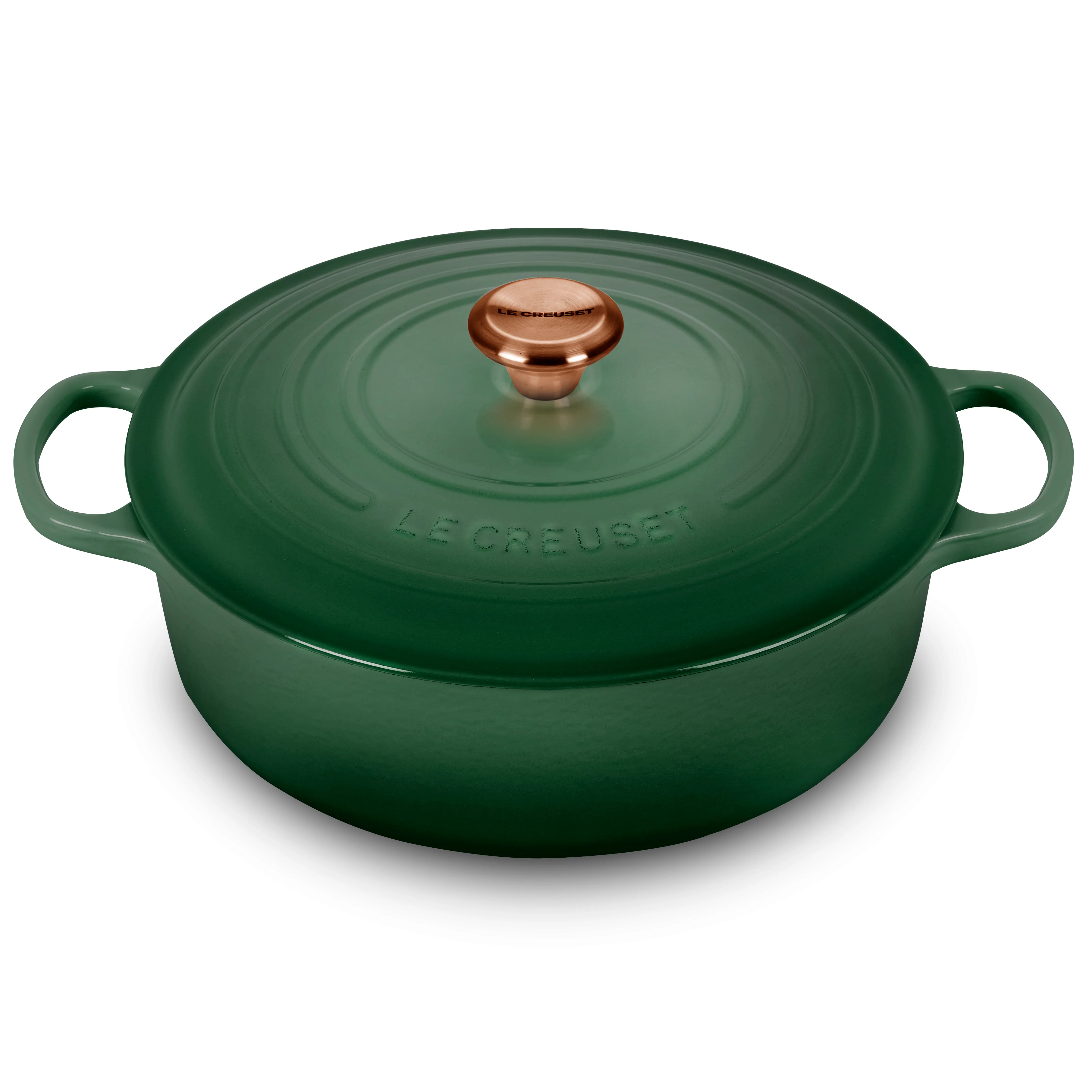 Le Creuset Signature Velký kulatý smaltovaný litinový hrnec o objemu 6,75 qt, Artichaut, s měděnou rukojetí