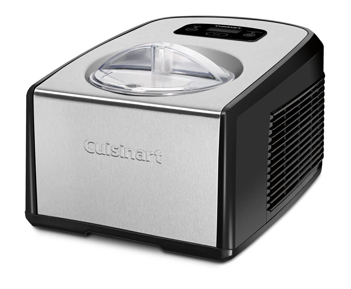 Cuisinart ICE-100 plně automatický výrobník zmrzliny a gelato stroj o objemu 1,5 l s komerčním kompresorem a 2 lopatkami, funkcí udržování chladu 10 minut, černý a nerezový