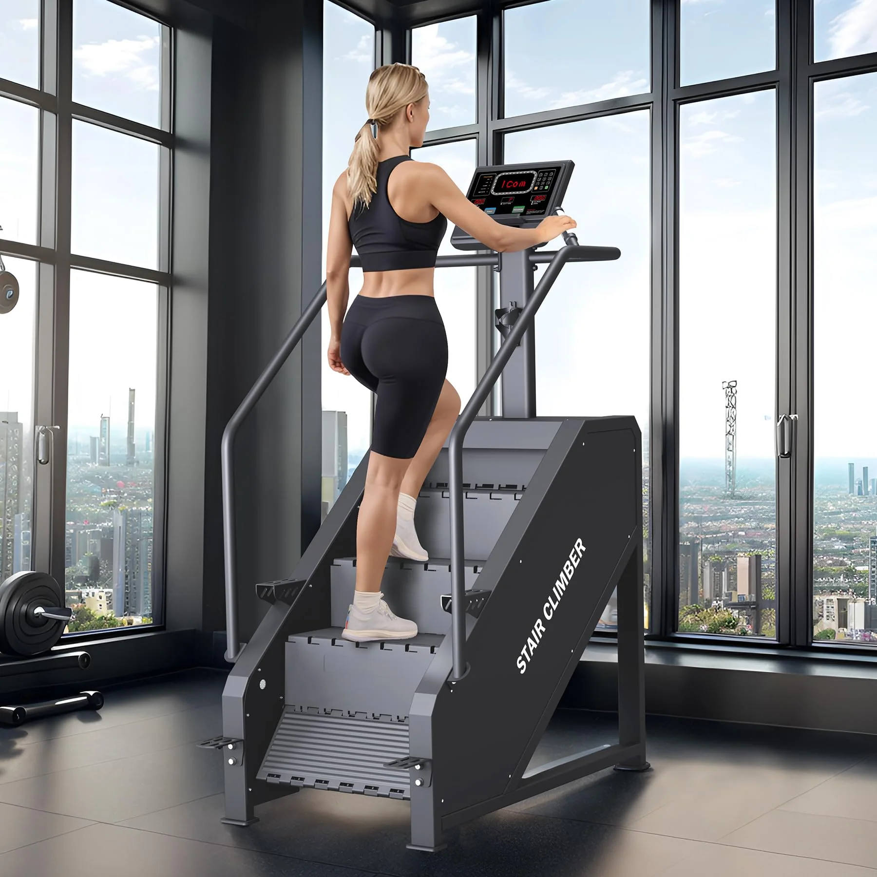 Stepper 2025, schodolez s LED obrazovkou, komerční schodolez, fitness vybavení s 15 úrovněmi odporu, 200 kg, 24–164 kroků/minutu, černý