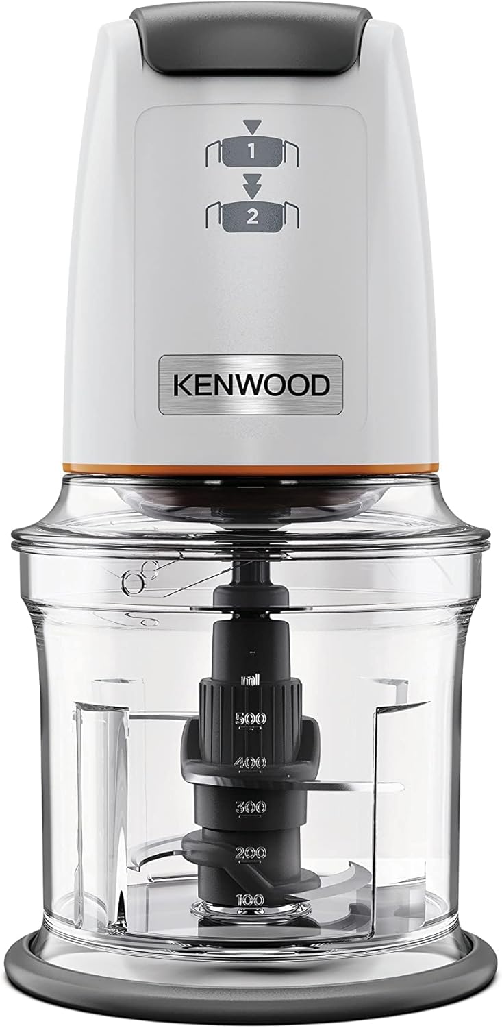 Sekáček Kenwood CHP61.100WH, výkon 500 W, mísa o objemu 0,5 l, 2 rychlosti, systém se čtyřmi noži, protiskluzový kroužek pro stabilitu sekáčku, vhodný do myčky nádobí, bílá/stříbrná