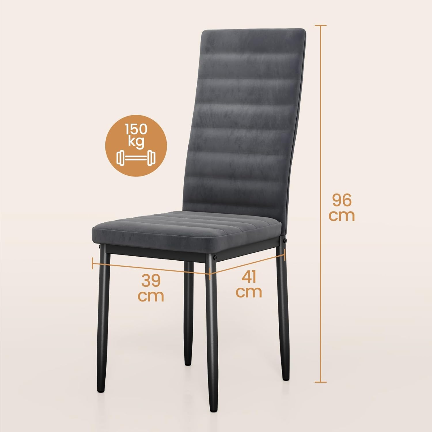 Sada 6 moderních jídelních židlí s vysokým opěradlem a polstrováním do kuchyně a jídelny, tmavě šedý flanel