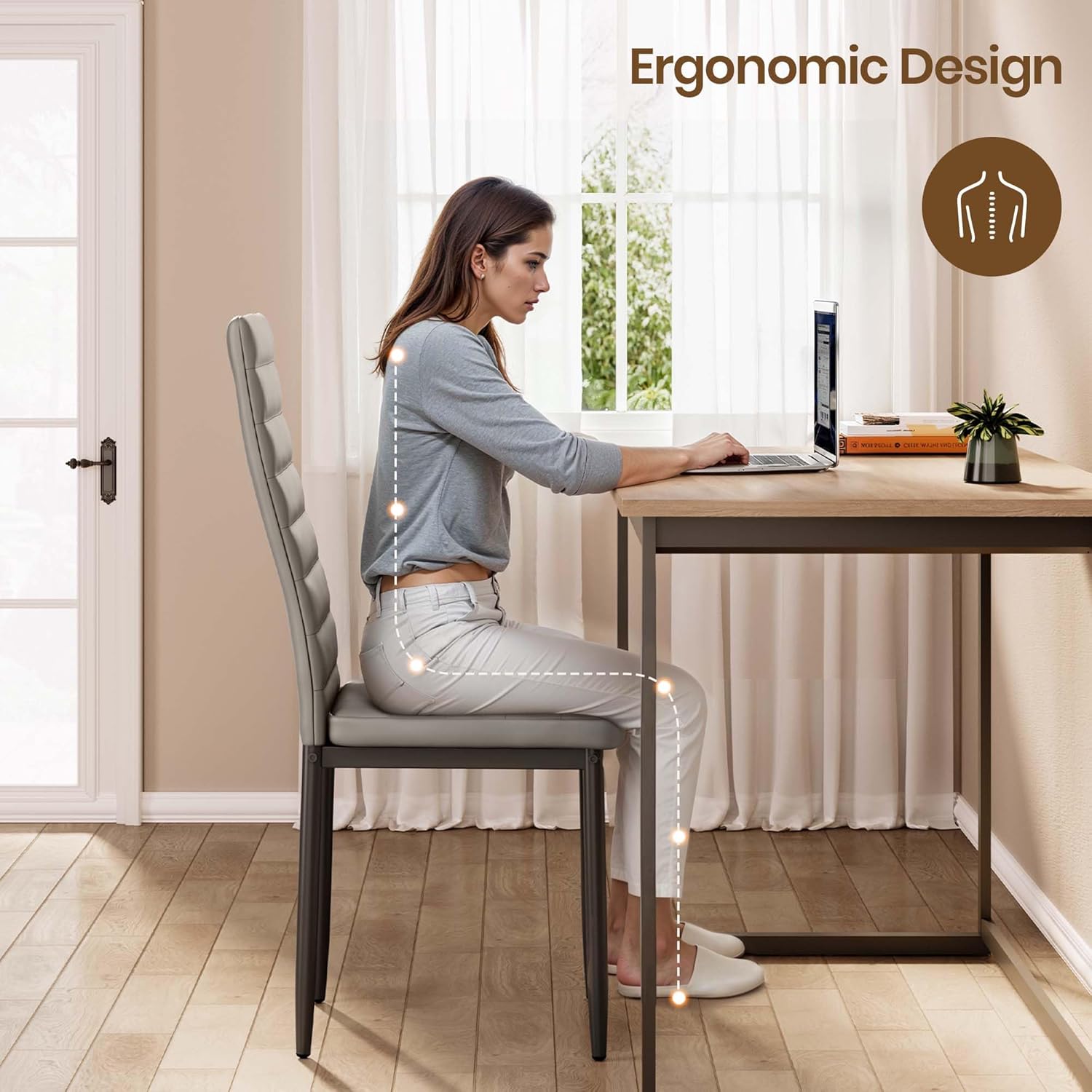 Sada 6 moderních jídelních židlí s vysokým opěradlem a polstrováním do kuchyně a jídelny, tmavě šedý flanel