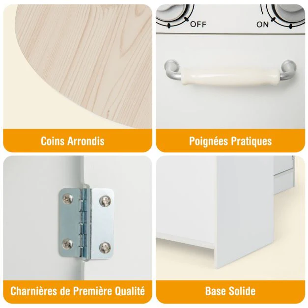 Dětský kuchyňský kout s lednicí, dřevěným vařičem na hračky s dávkovačem vody, digestoří, dřezem, nádobím