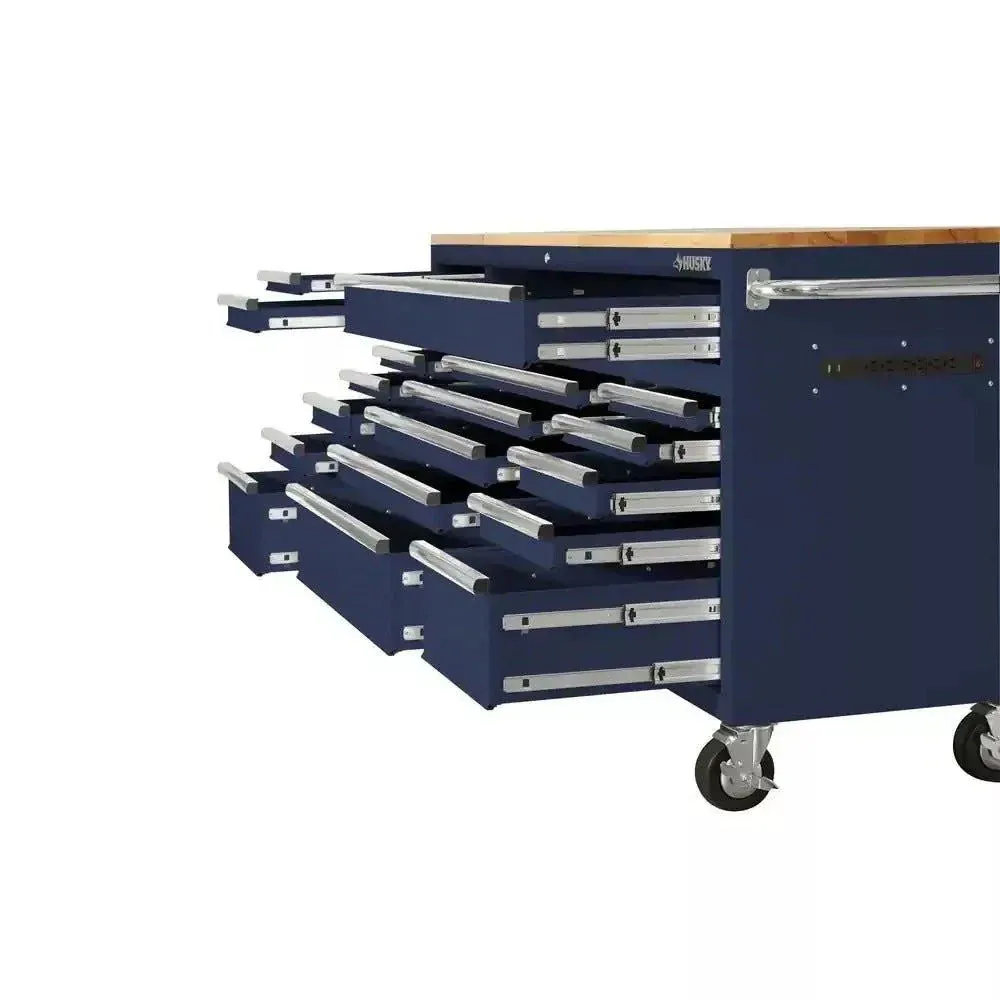 Mobilní pracovní stůl Husky 72 palců s 18 zásuvkami a masivní dřevěnou deskou v leskle modré barvě