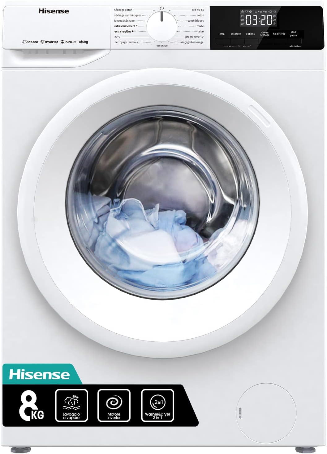 Hisense WDQA9014EVJM Pračka se sušičkou 9 + 6 kg, 1400 ot./min, 15 automatických programů, pára, invertorový motor, energetická třída D, třída účinnosti praní A, LED displej, rychlý program