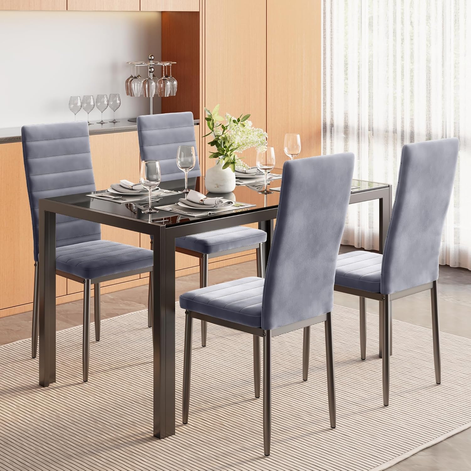 Sada 6 moderních jídelních židlí s vysokým opěradlem a polstrováním do kuchyně a jídelny, tmavě šedý flanel