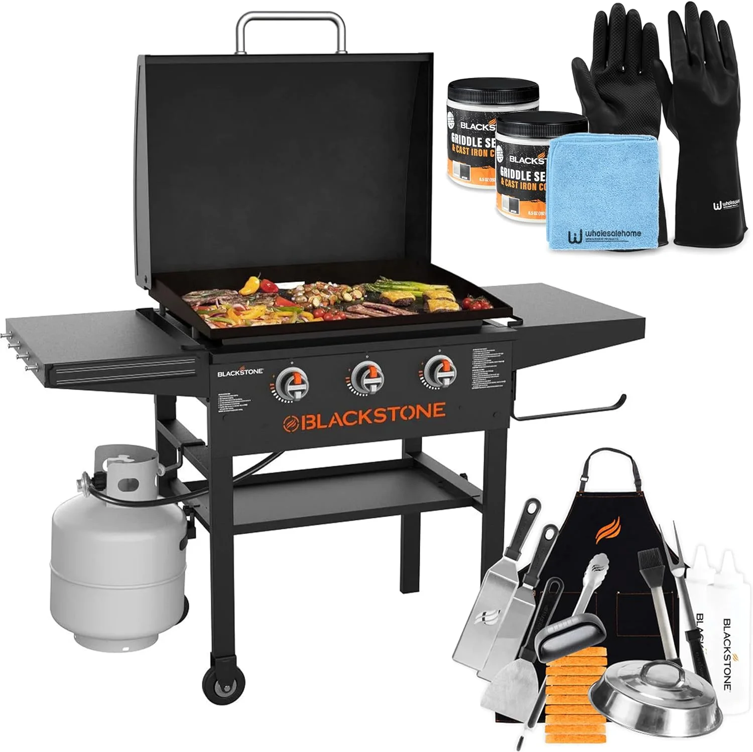 28palcová grilovací plotýnka Blackstone 2080 s krytem XL, originální venkovní gril se 3 hořáky a plochou deskou, s příslušenstvím k grilovací plotýnce Blackstone, kořením a rukavicemi a hadříkem Wholesalehome