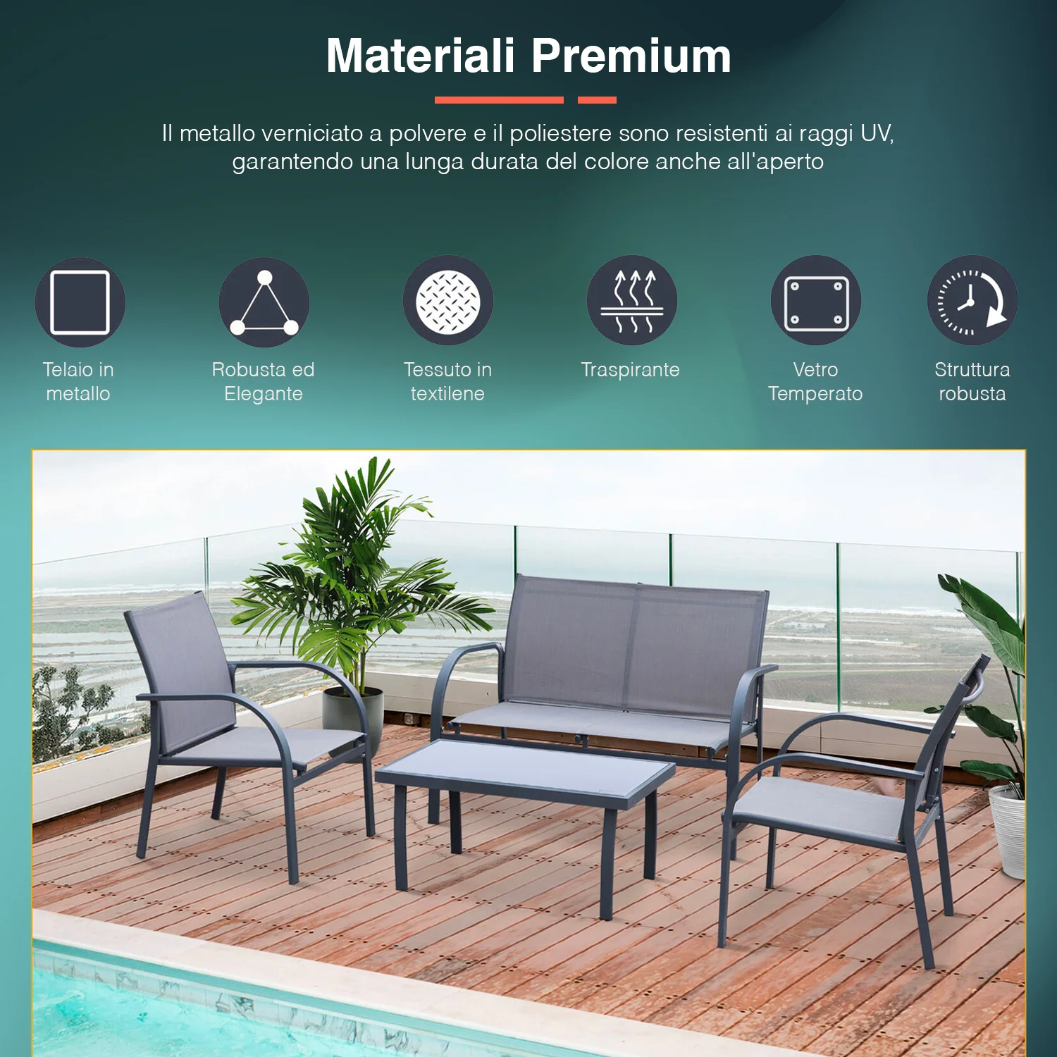 Zahradní sedací souprava 2 křesla 1 pohovka 1 stůl černošedá